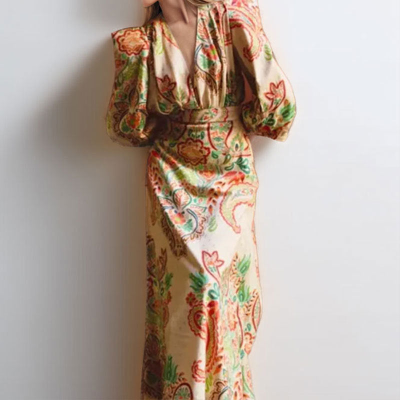 Women's Elegant V-Neck Paisley A-Line Dress - EasyApparels