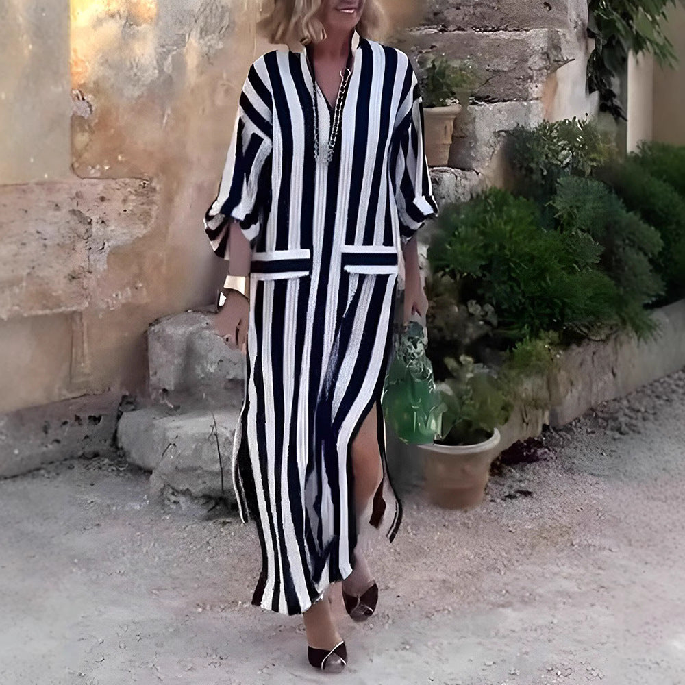 Comfortable V Neck Maxi Dress with Vertical Stripes - EasyApparels