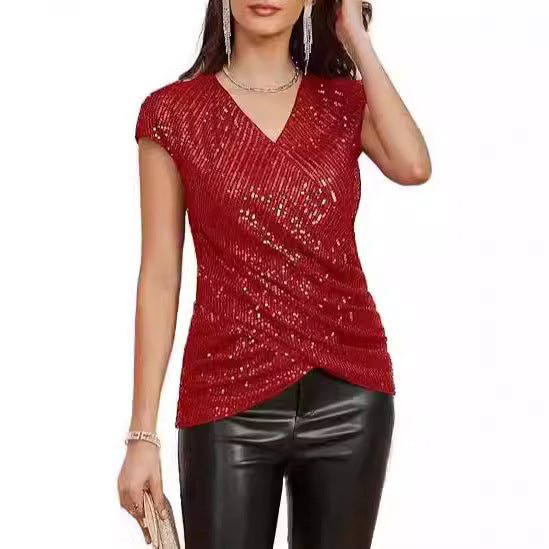 Chic V-Neck Women's Blouse with Sequins