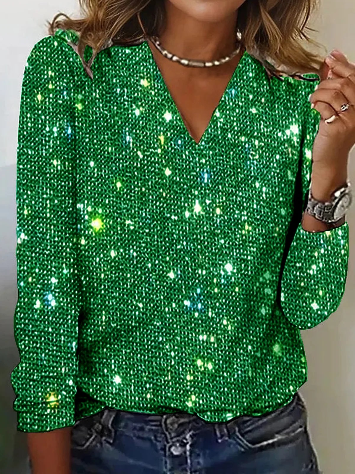 Sparkly Knit V-Neck Long Sleeve Top