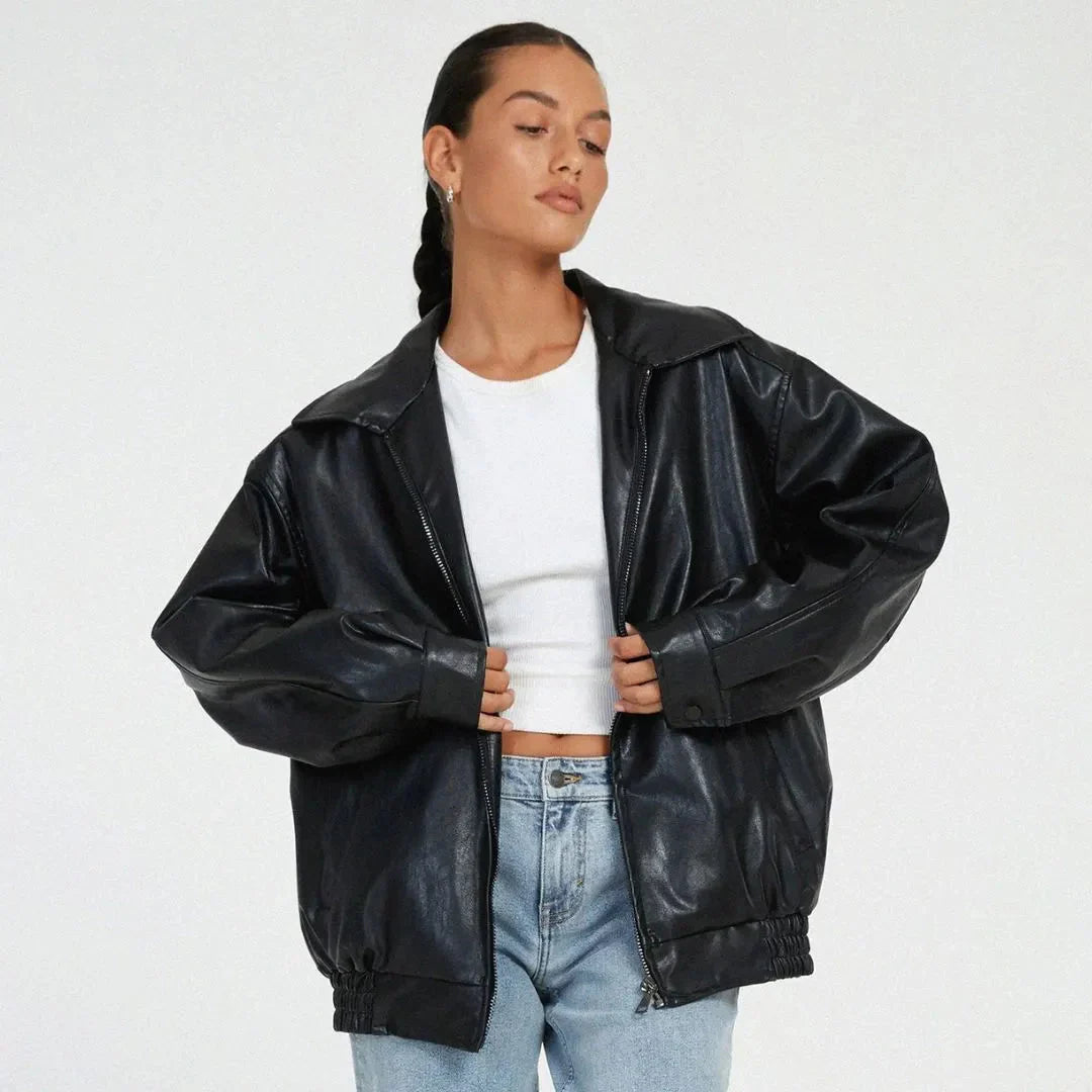 Trendy Extra Large Fake Leather Zip Up Jacket