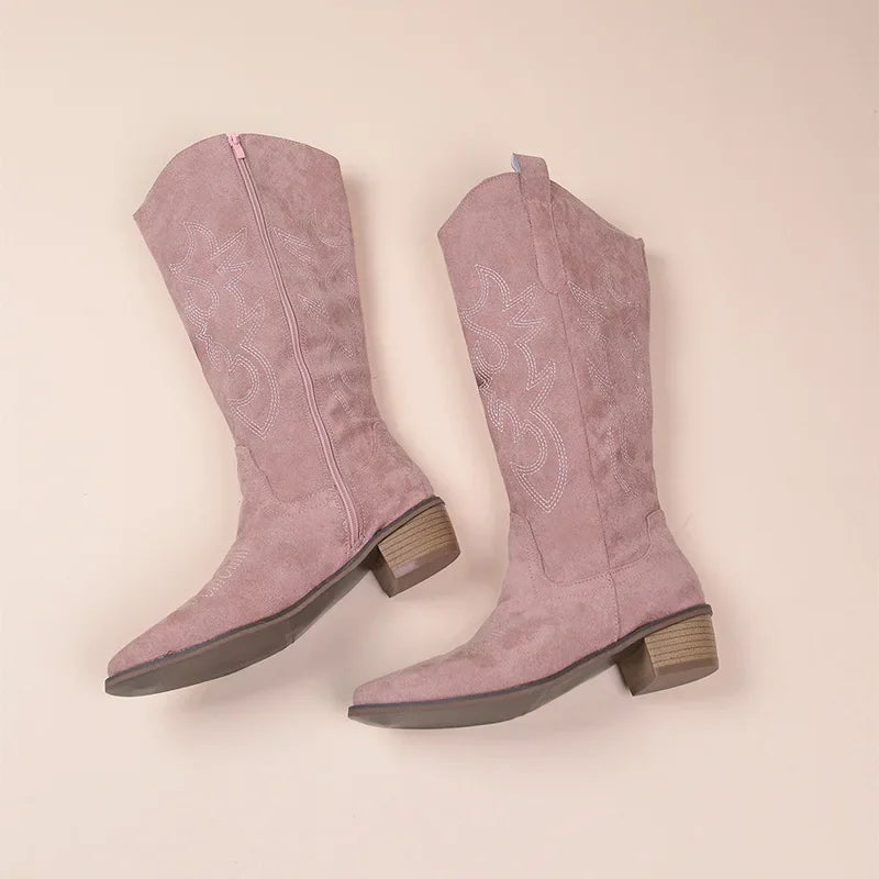 Ladies Suede Western Boots Mid Calf Low Heel