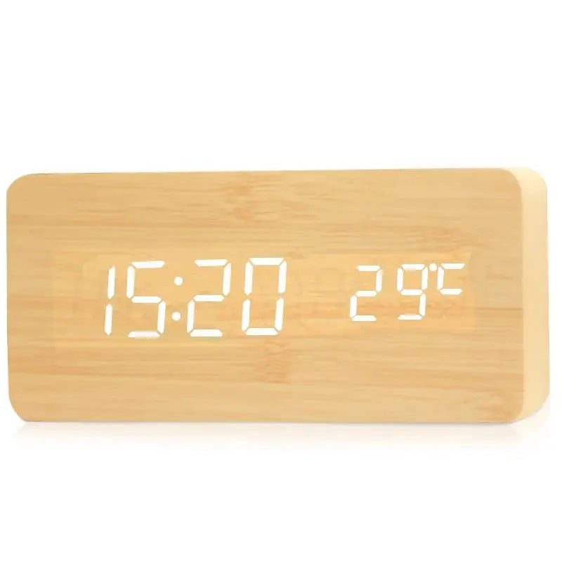 Compact LED Wooden Desk Clock with Temp Display