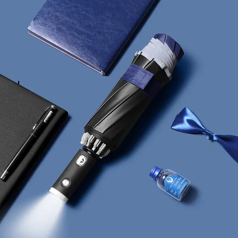 Compact Windproof Umbrella with LED Light and Sun Protection - Luxicro