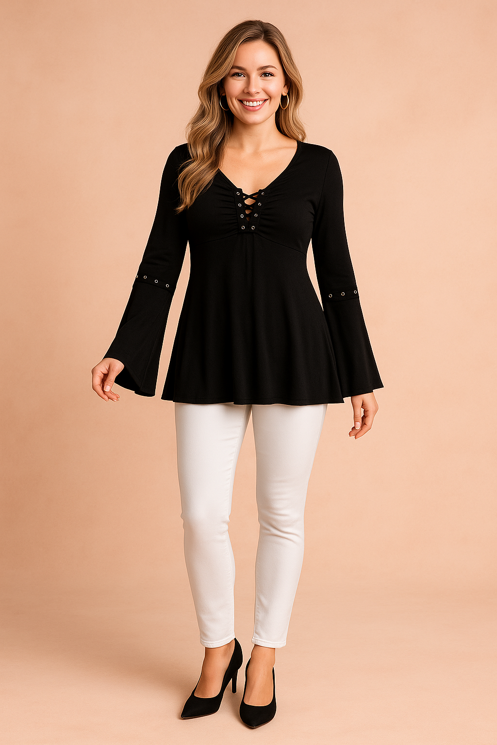 Flowy Bell Sleeve Tie Front Tunic - Luxicro