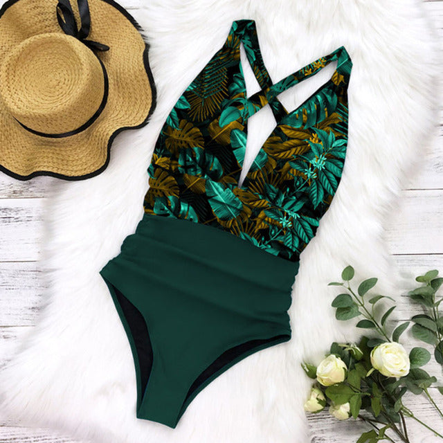 Women's Halter Neck Swimsuit with Ruched Waist