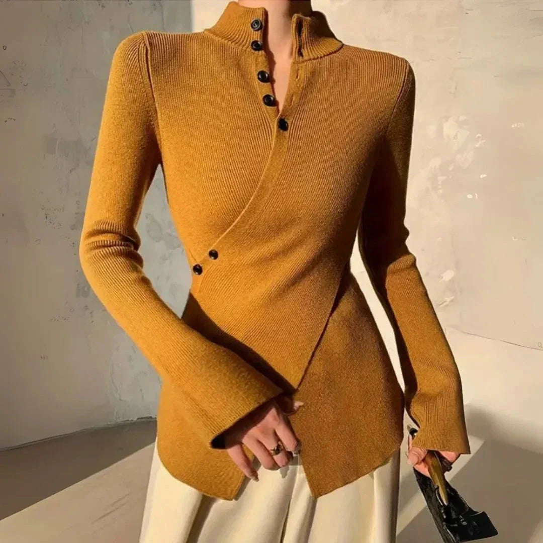 Chic Off-Center Button Front Knit Sweater - EasyApparels