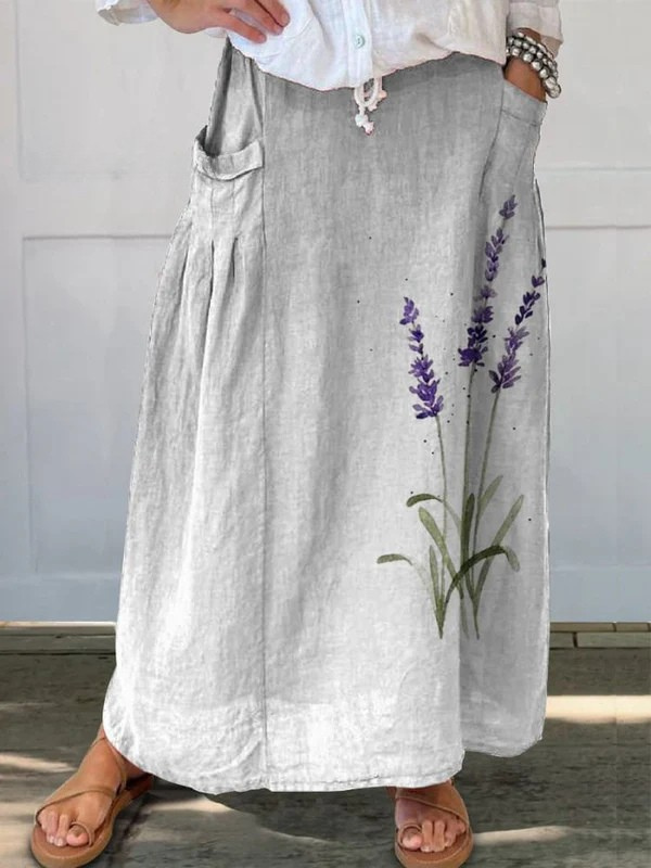 Floral Elastic Waist Skirt with Pockets - Vossary