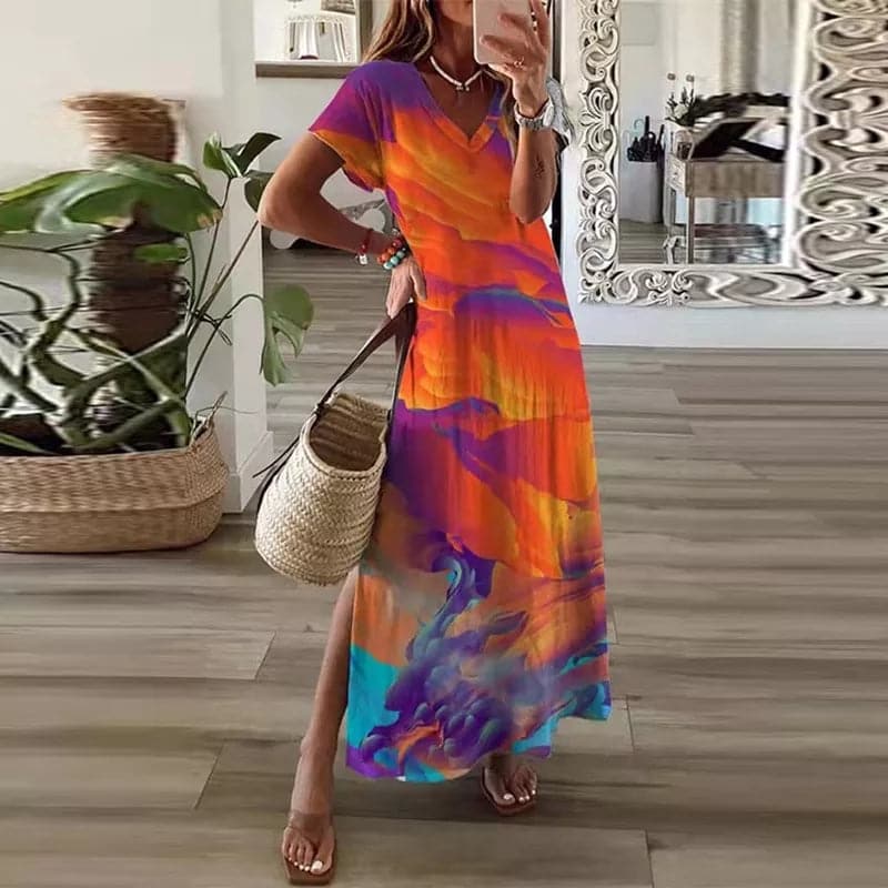 Vibrant Maxi Dress with V Neckline