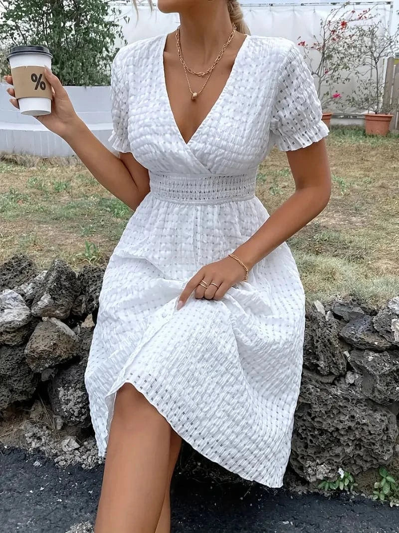 Ladies' V-Neck Short Sleeve Smocked Waist Dress - EasyApparels