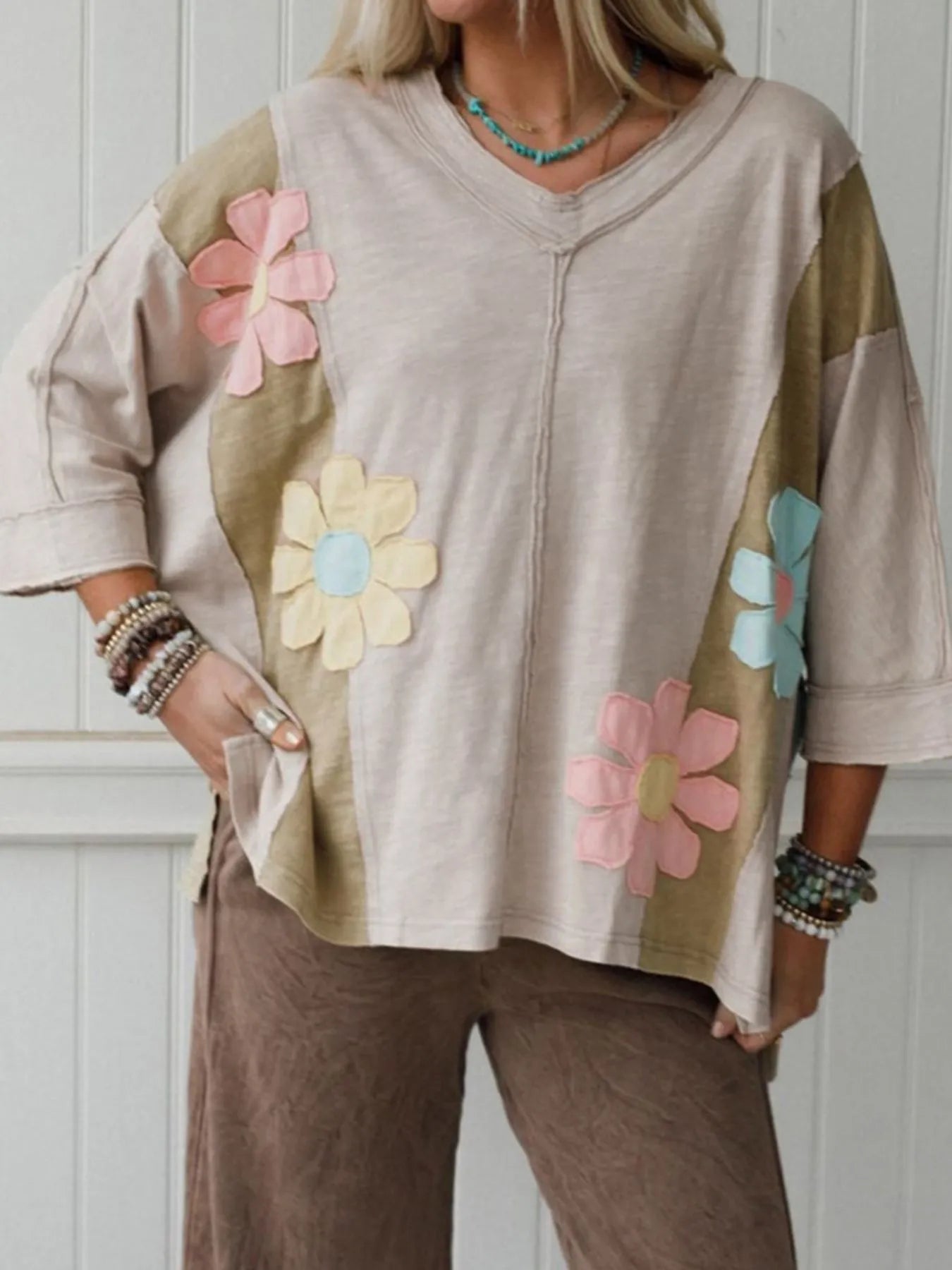 Pretty Patterned Crew Neck Tee Shirt - EasyApparels