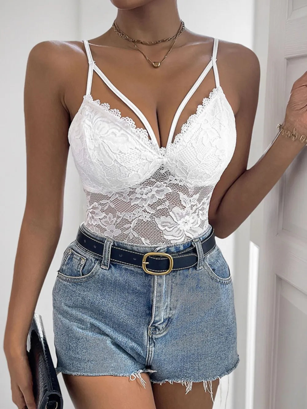 Sexy Lace Spaghetti Strap Bodysuit - EasyApparels