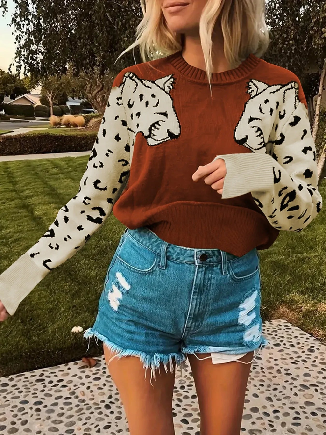 Animal Print Crew Neck Sweater