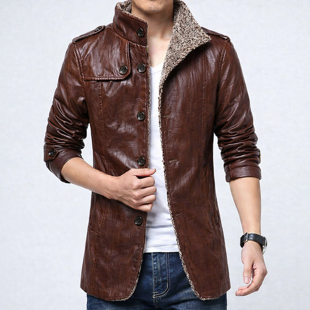 Men's Fitted Leather Coat with Button FrontClosure