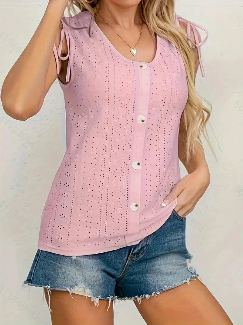 Ladies Summer Blouse with Buttons and Crochet Details