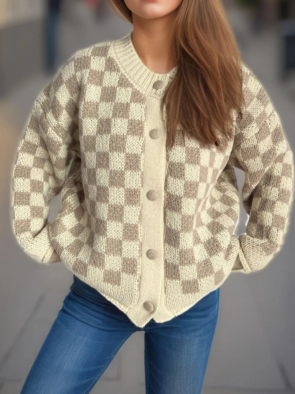 Plaid Front Open Cardigan Sweater