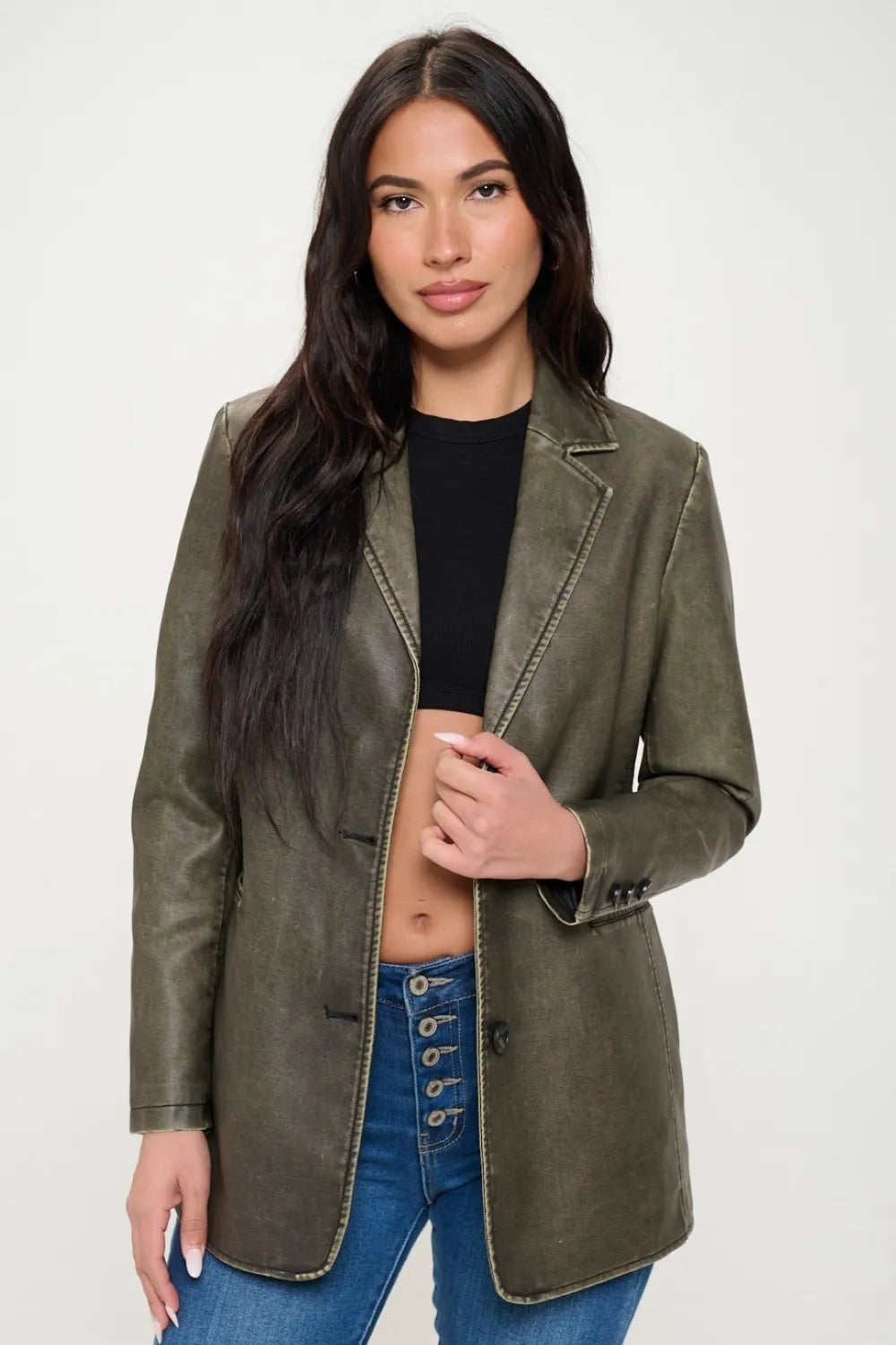 Classic Vegan Leather One Button Jacket - EasyApparels