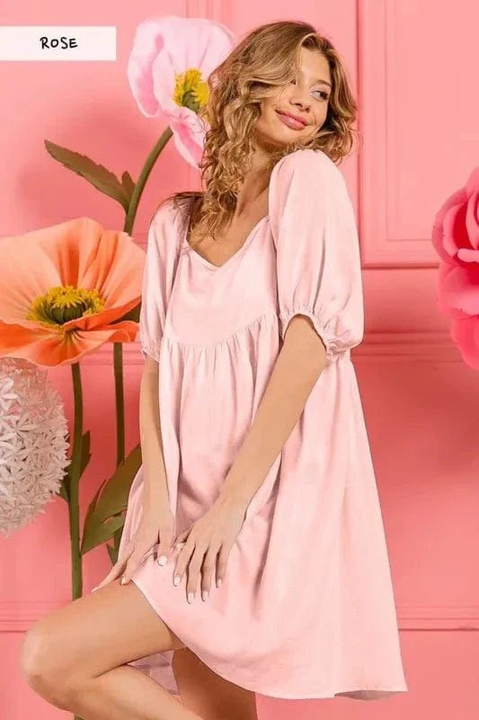 Relaxed Linen Layered Midi Dress with Puffy Sleeves - EasyApparels