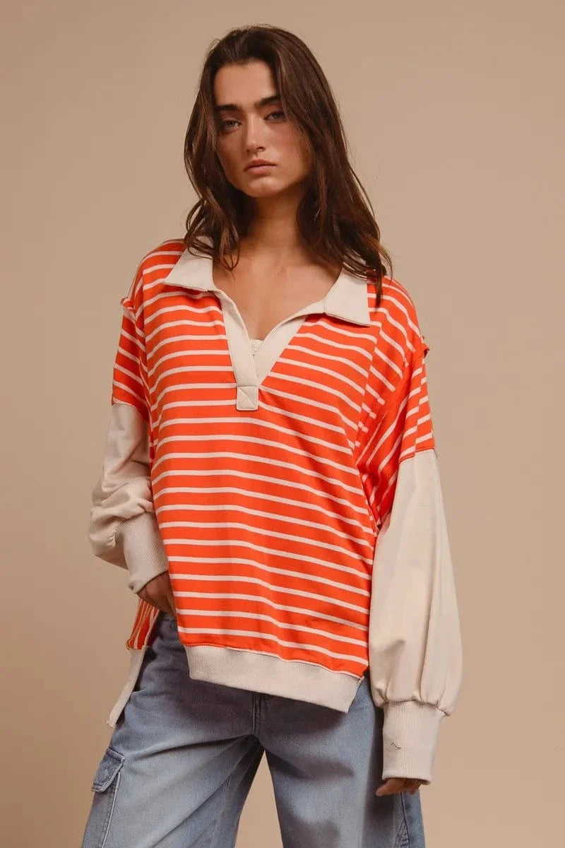 Casual Striped Relaxed Fit Blouse With Frayed Hem - EasyApparels