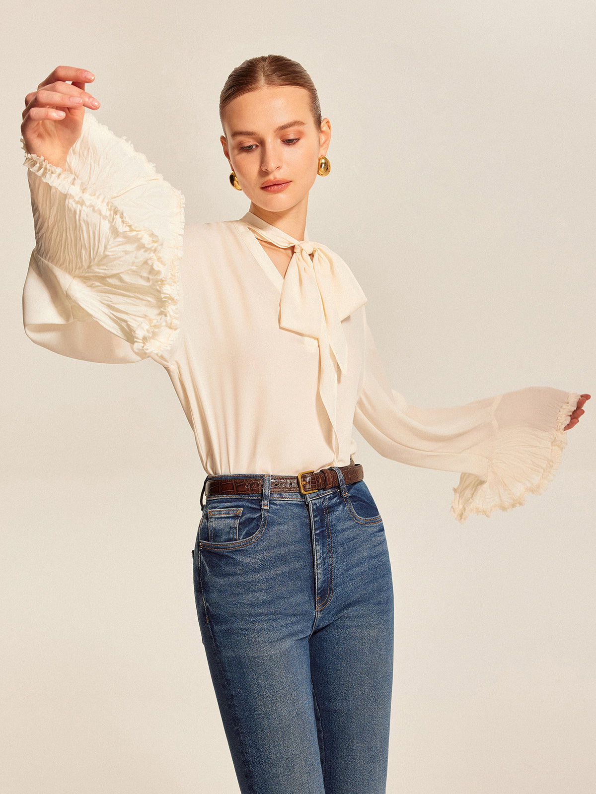 Floral Ruffle Trim Soft Blouse - EasyApparels