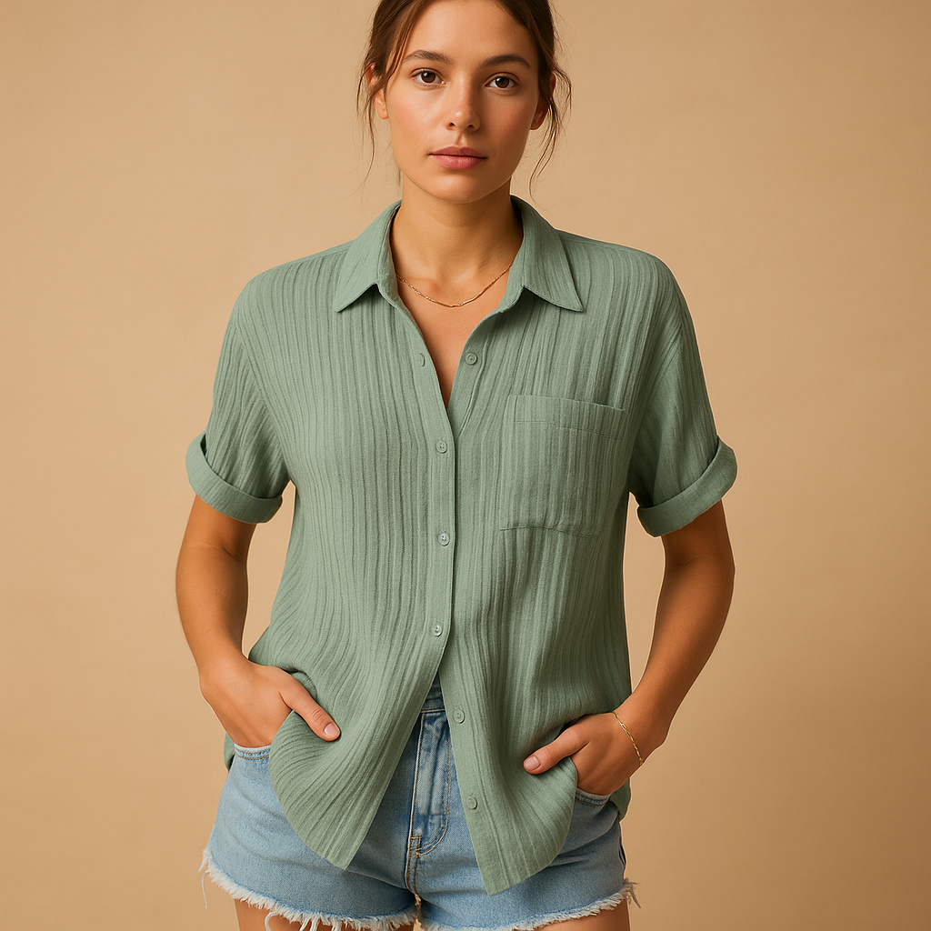 Casual short sleeve polo shirt for women with a chest pocket, suitable for everyday wear, summer outings, and relaxed occasions.