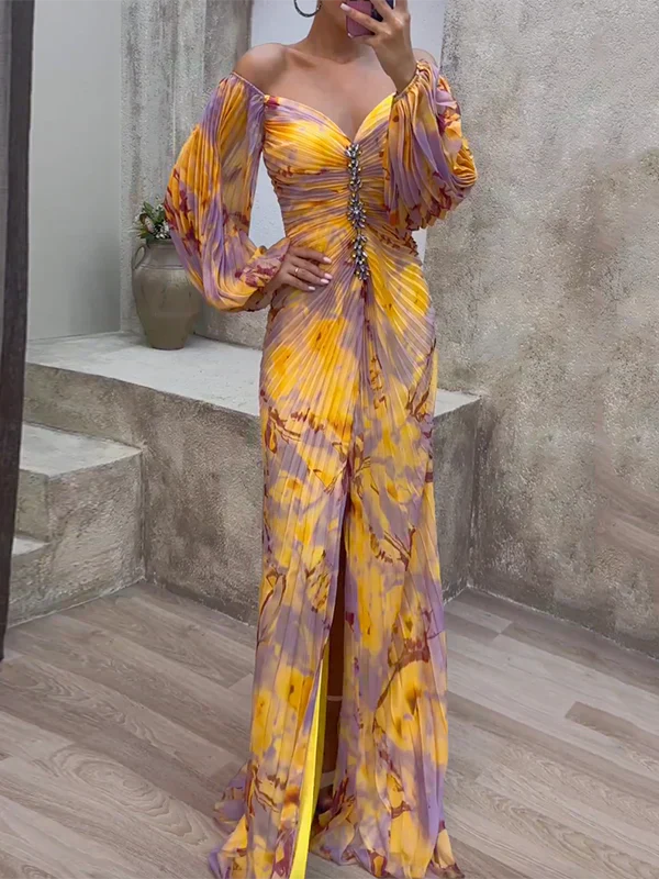 Elegant Off Shoulder V-Neck Floor Length Evening Dress - EasyApparels