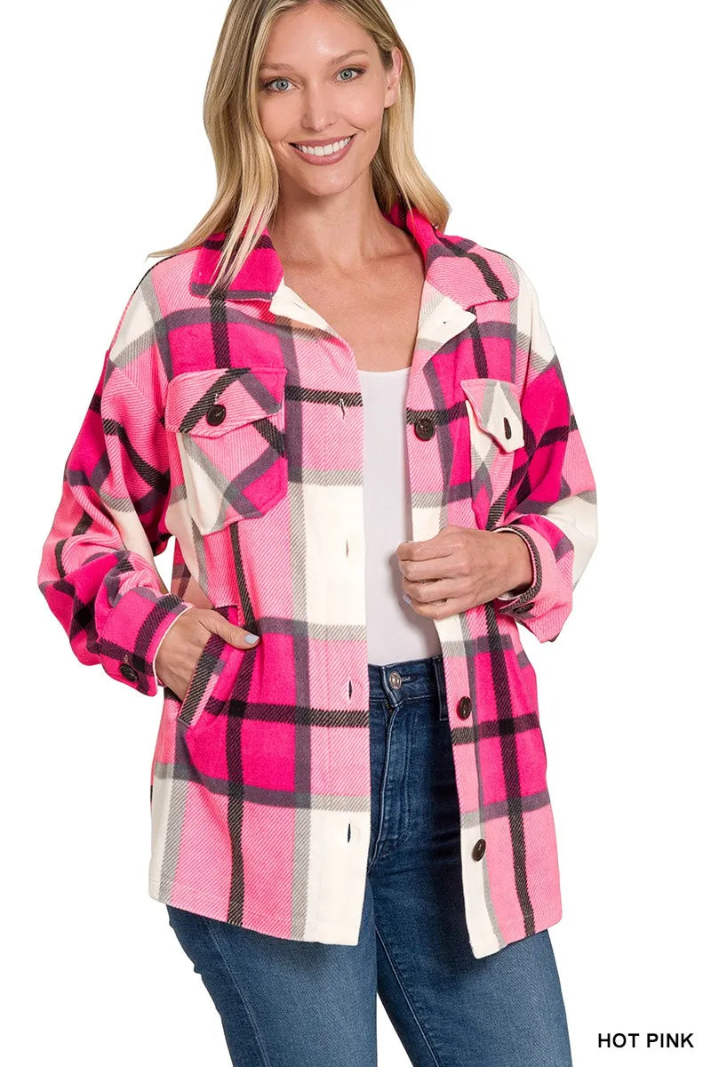 Women's Cozy Large Checkered Fleece Jacket with Pockets - EasyApparels