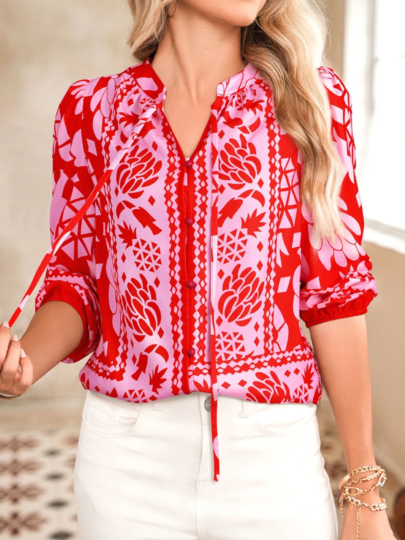 Pretty Patterned Classic Fit Blouse Shirt - EasyApparels