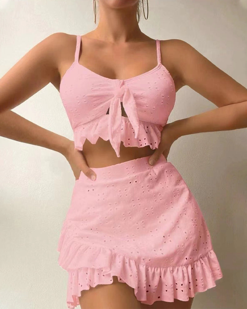 Women's Slim Fit Bikini with Embroidered Ruched Skirt