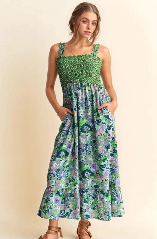 Colorful Smocked Waist Ruffled Midi Summer Dress - EasyApparels