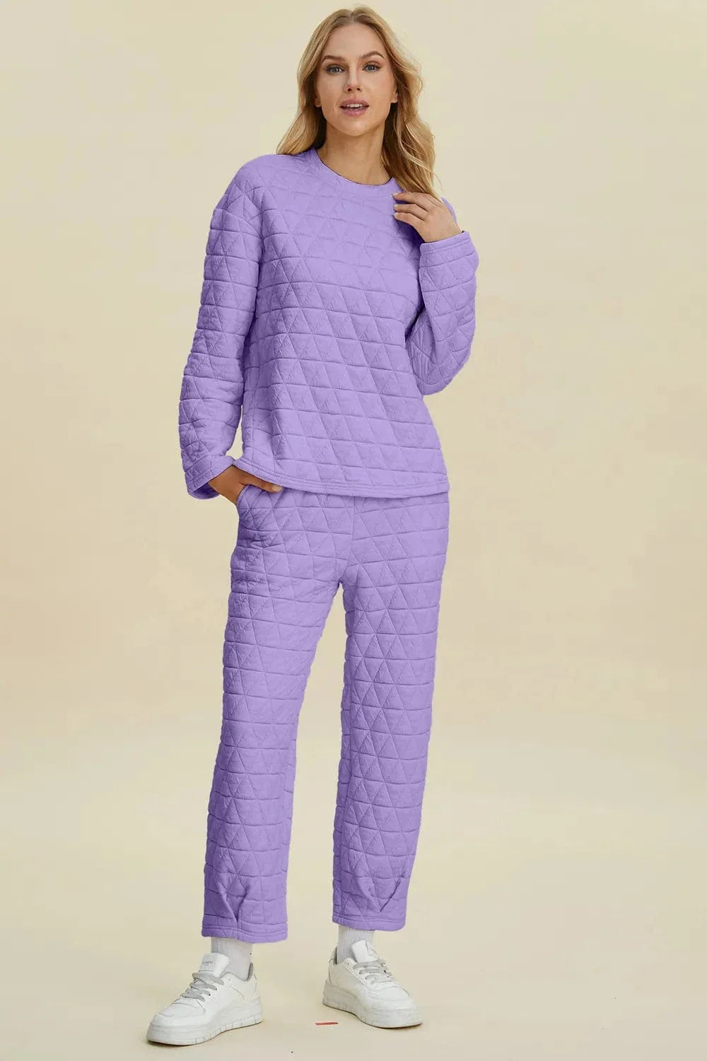 Trendy Textured Crew Neck Long Sleeve Top and Pant Set