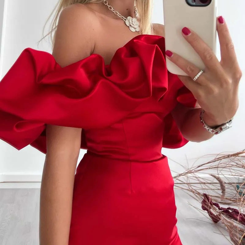 Dress with Asymmetrical Shoulder Line – Elin-White-XS-State of Style