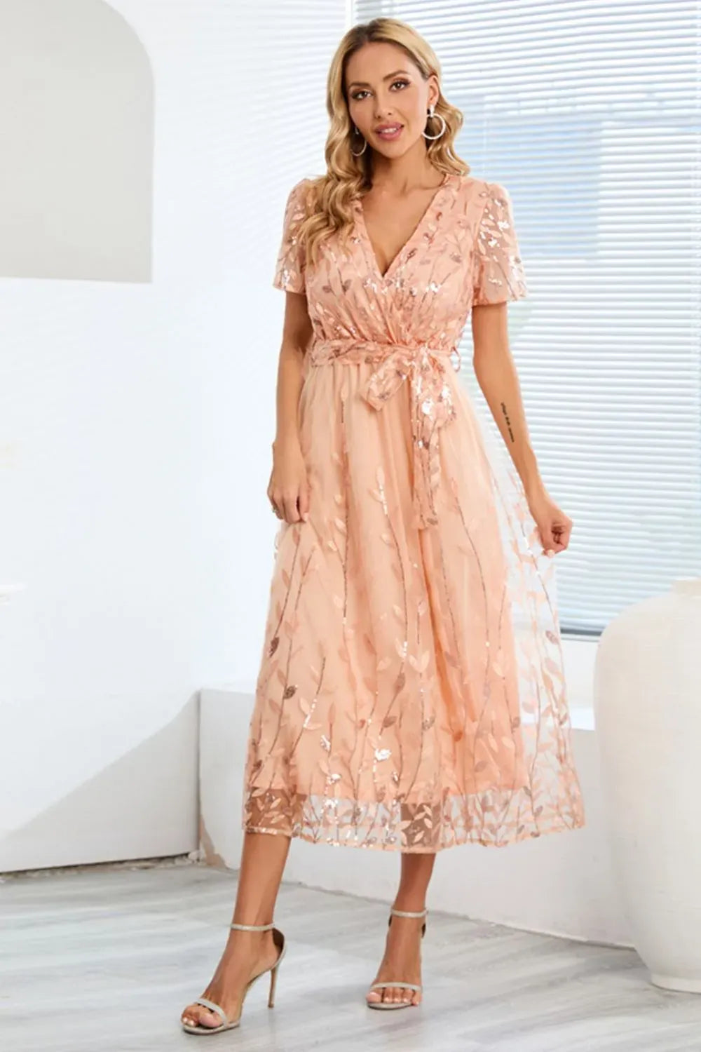 Glittering Floral Embroidered V Neck Summer Dress