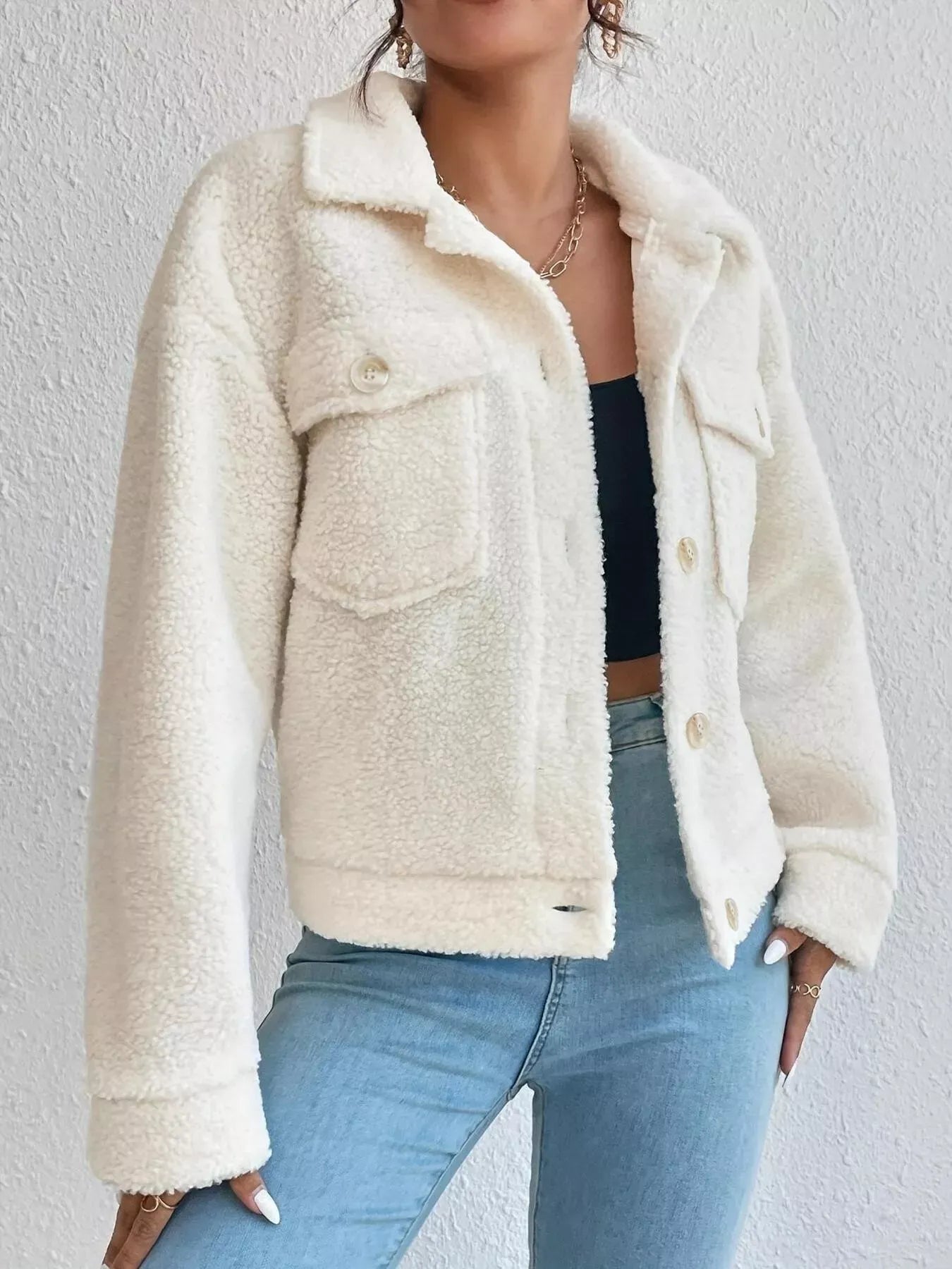 Plush Faux Fur Oversized Button Up Plus Size Jacket - EasyApparels