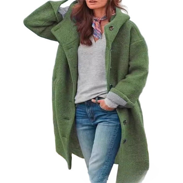 Women's Long Wool Coat with Hood and Button Front