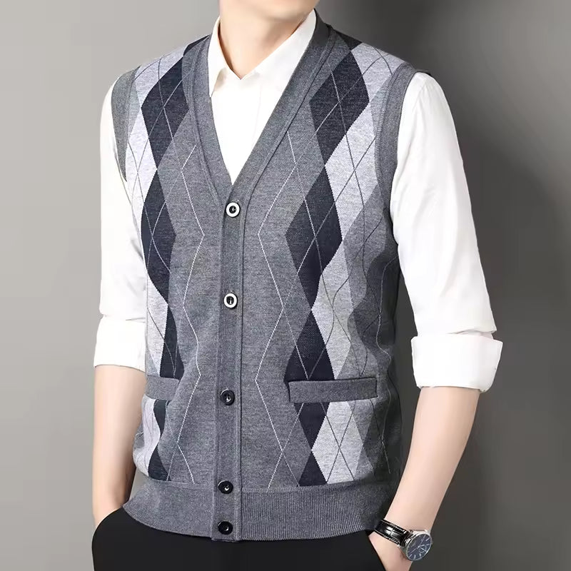 Men's Wool Button Front Checked Vest