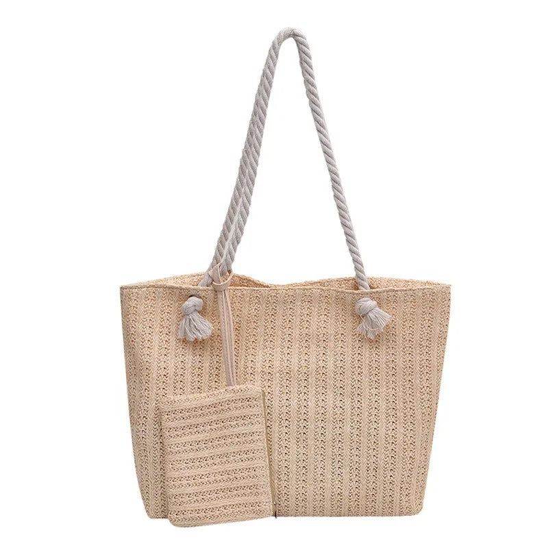 Natural Woven Straw Tote Bag with Rope Handles