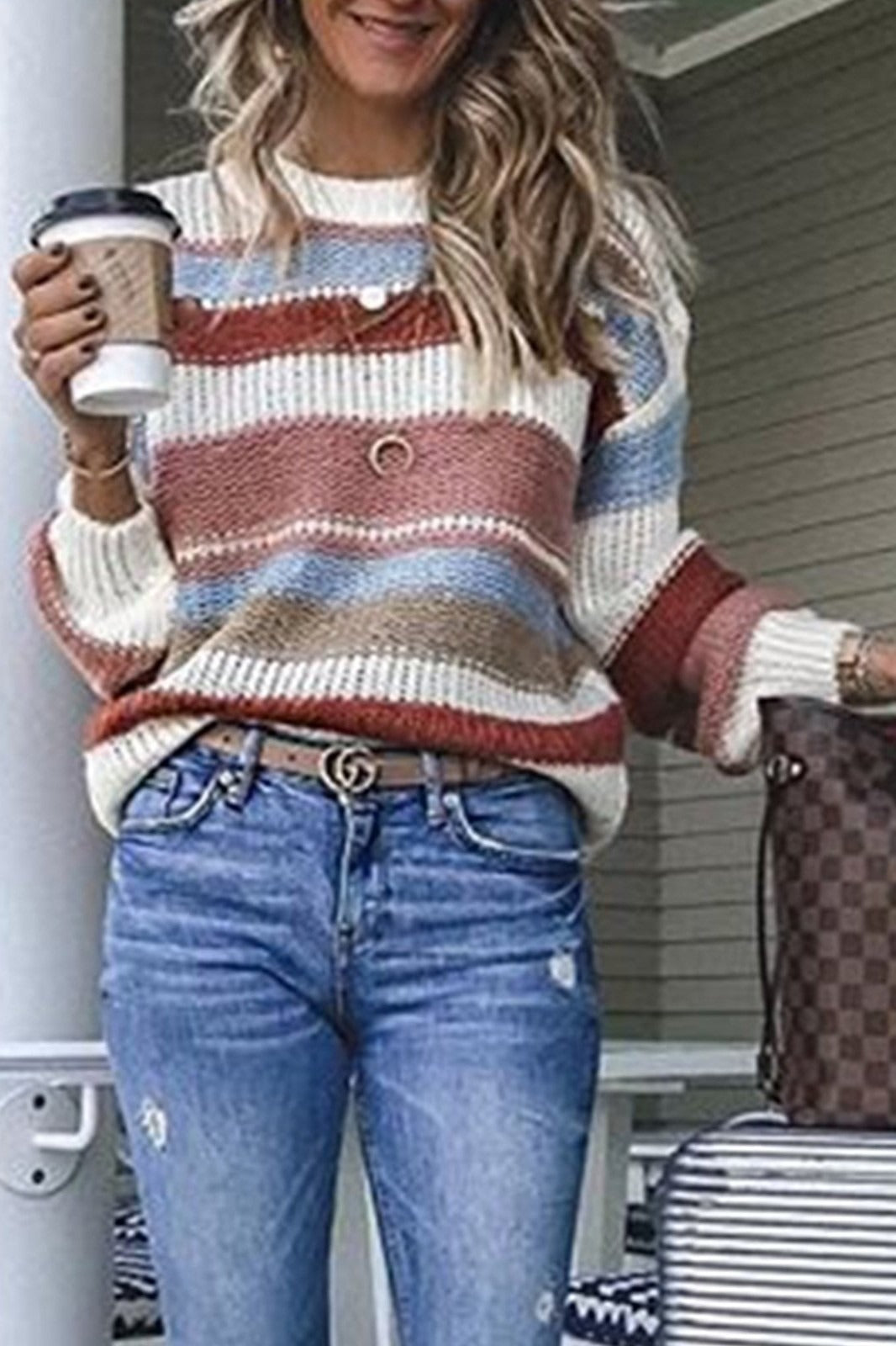 Comfy Women's Striped Crew Neck Wool Sweater - EasyApparels