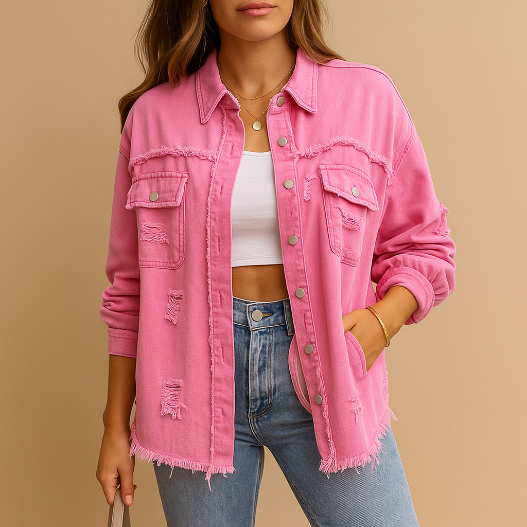 Oversized destroyed denim jacket for women with long sleeves and relaxed fit, perfect for casual outfits and city looks.
