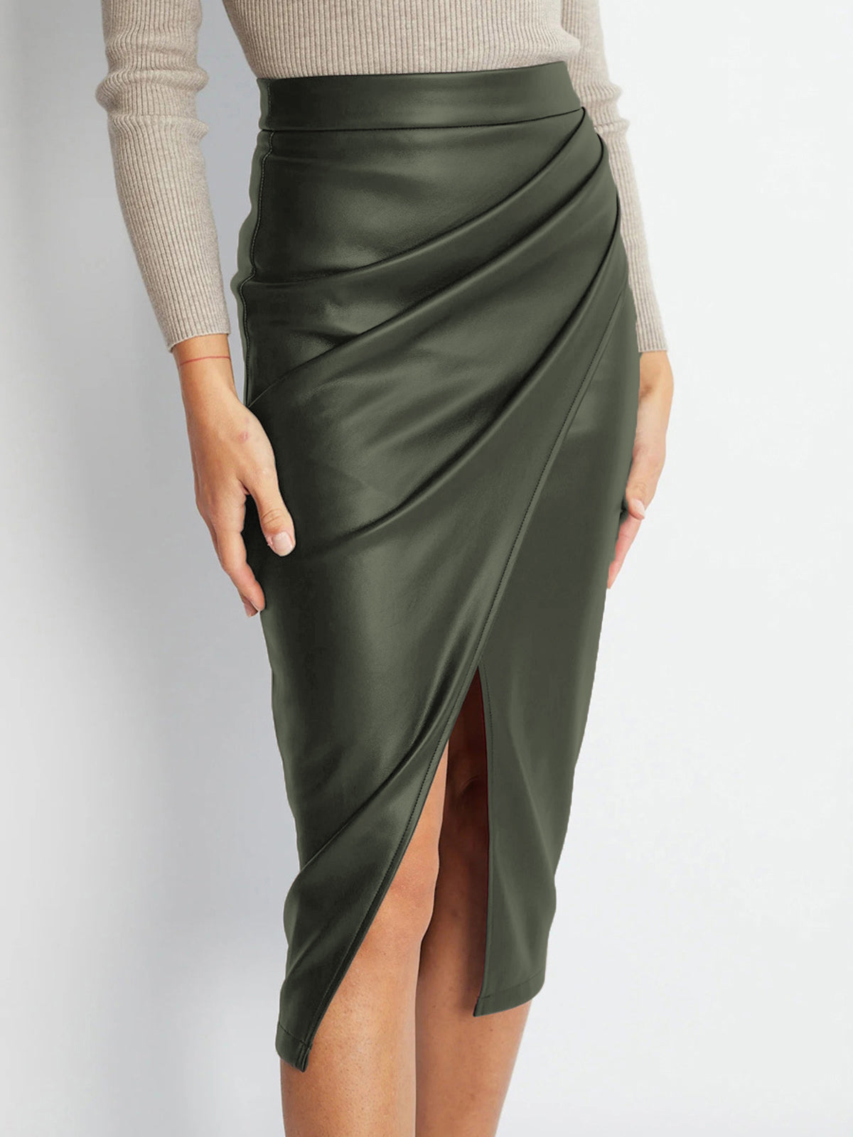 Flowy Faux Leather Split Skirt