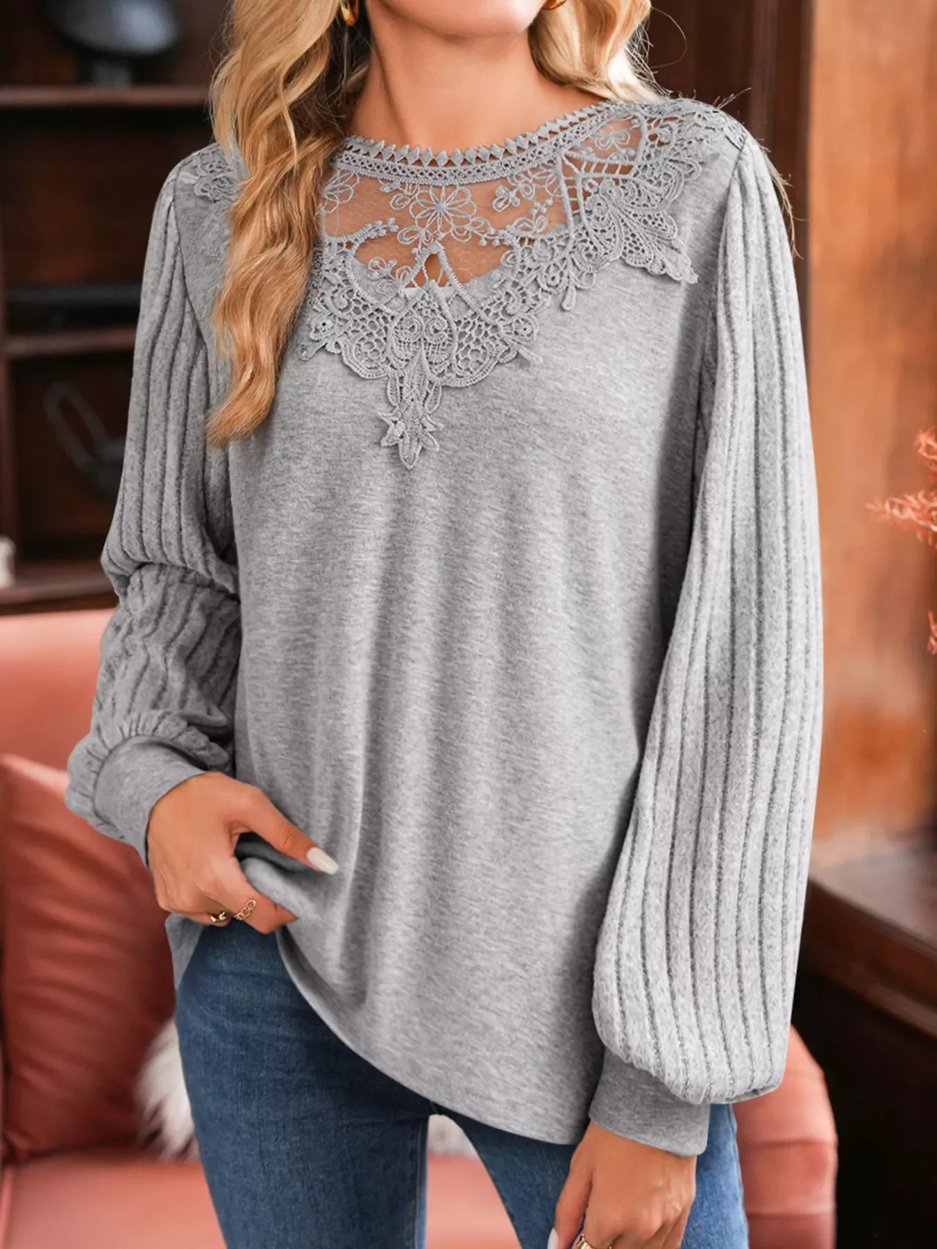 Textured Crochet Knit Patchwork Long Sleeve Blouse - EasyApparels