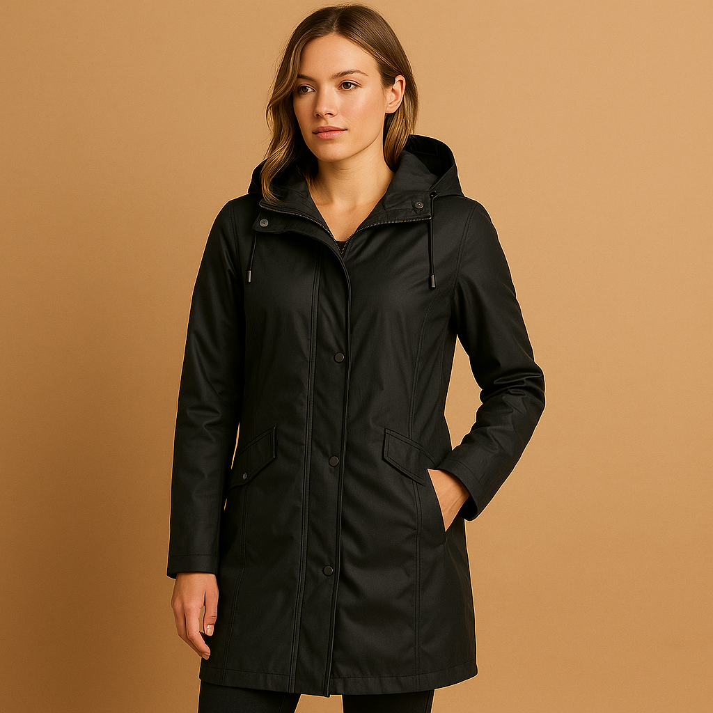 Women’s transparent rain jacket with a relaxed lightweight fit and adjustable hood, suitable for rainy days, everyday wear, and seasonal layering.