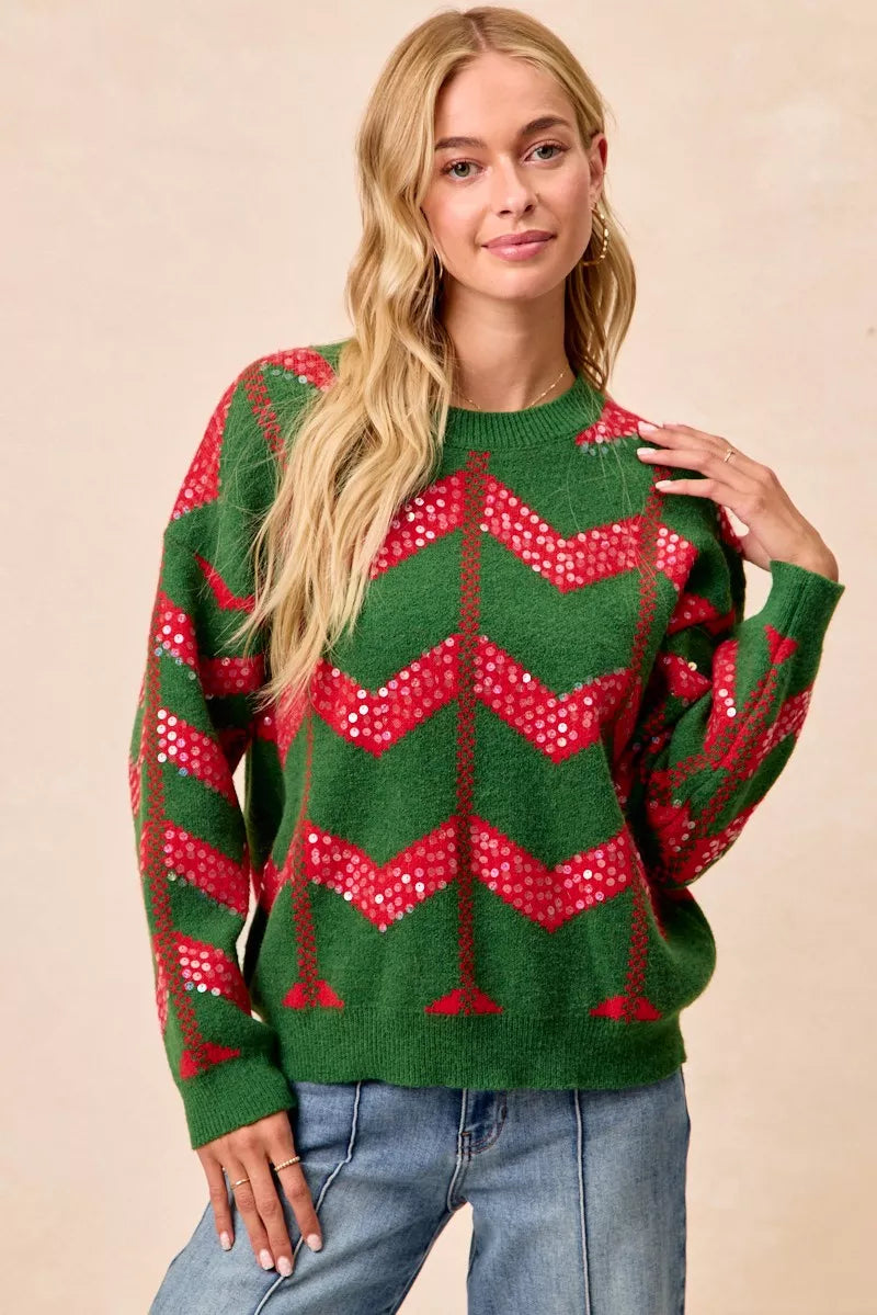 Festive Holiday Chevron Glitter Sweater - EasyApparels