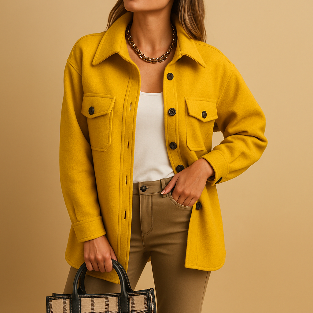 Women’s waterproof windbreaker jacket with fold-over collar, button closure, and pockets. Available in white, beige, brown, khaki, black, navy, blue, and yellow.