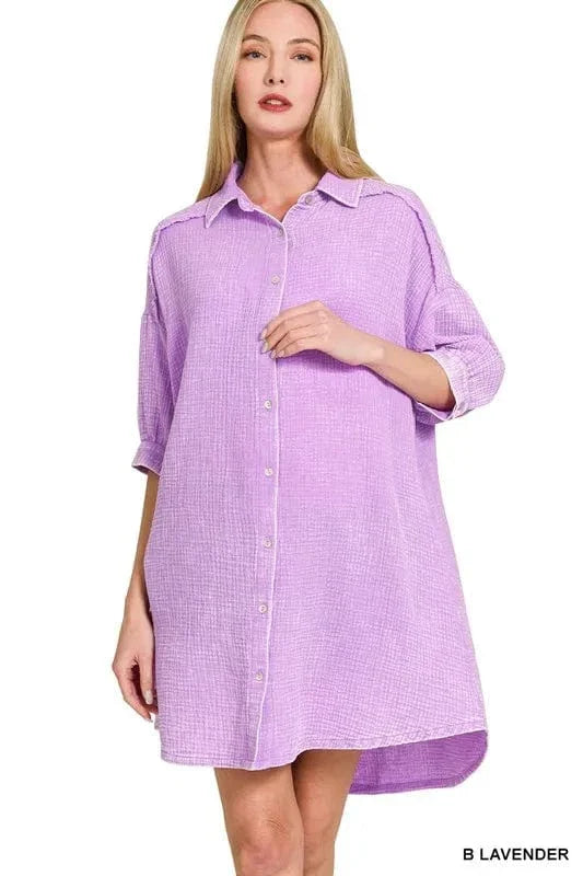Relaxed Fit Cotton Button Front Shirt Dress - EasyApparels