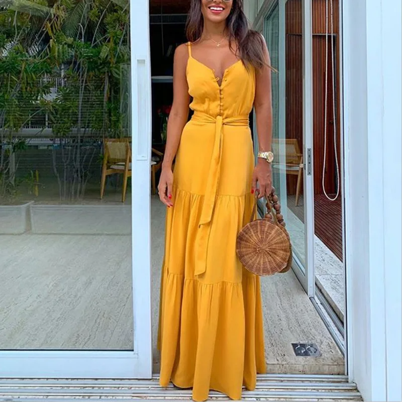 Flowy V Neck Summer Dress with Adjustable Straps - EasyApparels