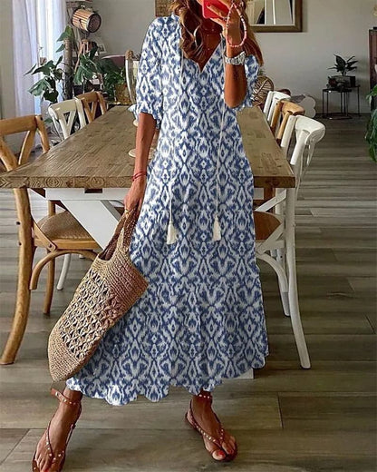 Relaxed Fit V-Neck Maxi Dress with Short Sleeves - EasyApparels