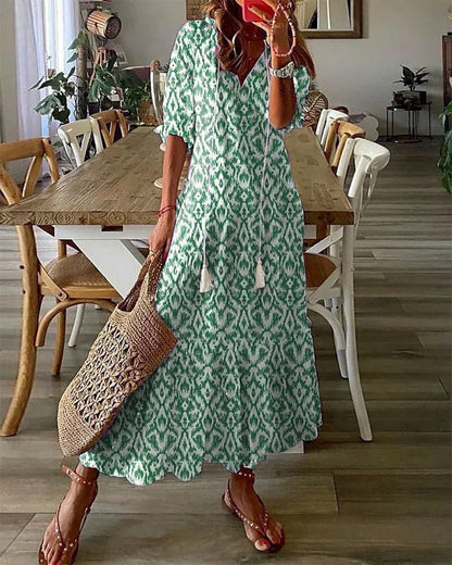 Relaxed Fit V-Neck Maxi Dress with Short Sleeves