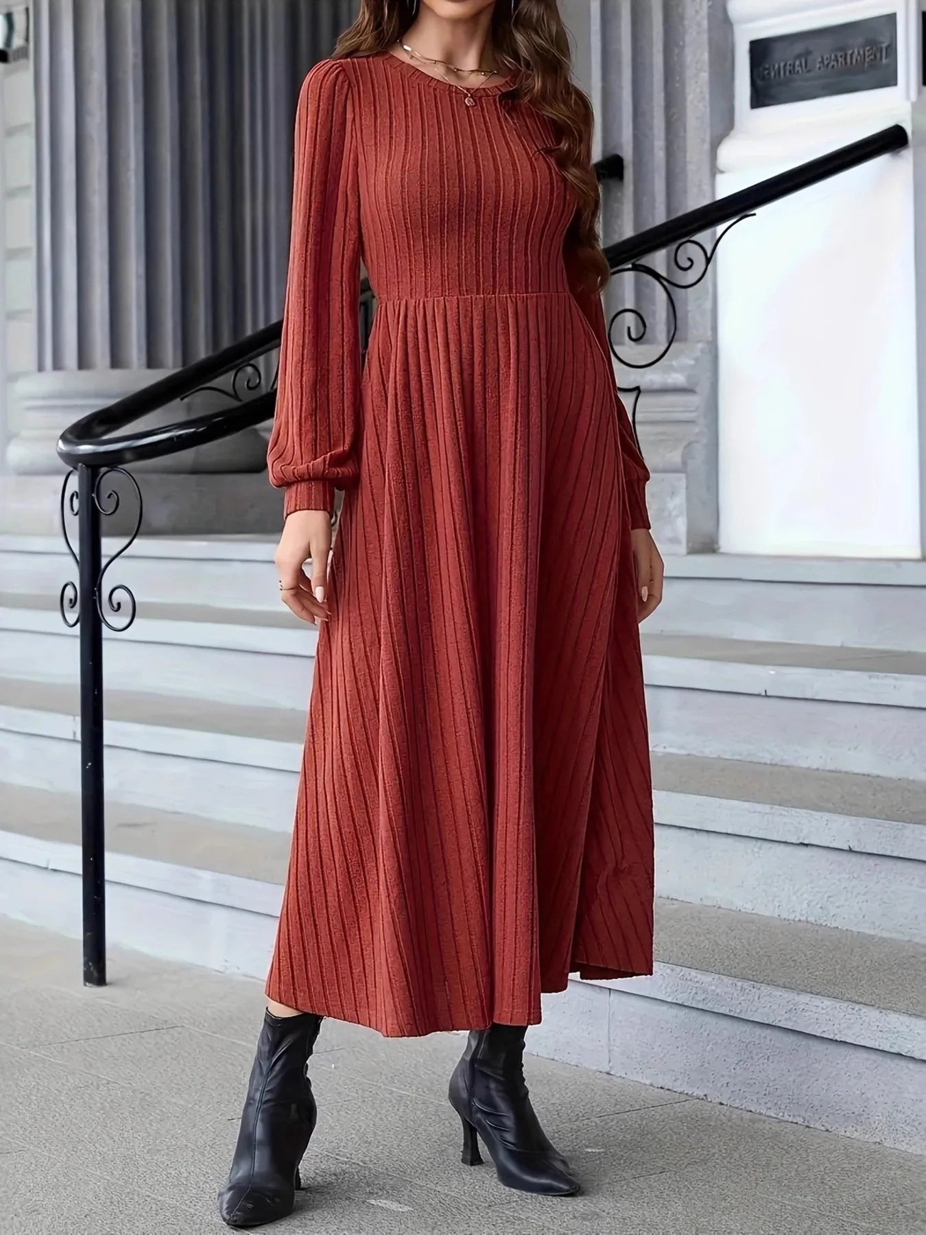 Textured Crew Neck Sweater Dress - EasyApparels
