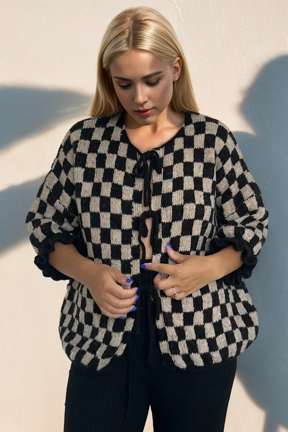 Casual Drop Shoulder Plaid Fluffy Cardigan Sweater